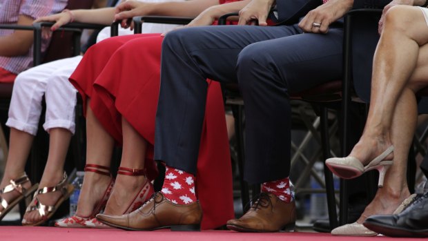 Justin Trudeau wears patriotic socks to the Canada Day celebrations.