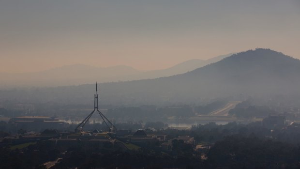 Smoke over Canberra on Wednesday morning due to the burn off at Kowen Forest.