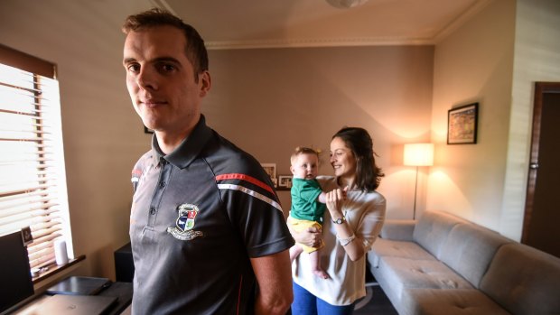 Irishman Liam Lenihan with his Australian partner, Tanya Grausam, and their seven-month-old son, Henry, at home in Hawthorn.