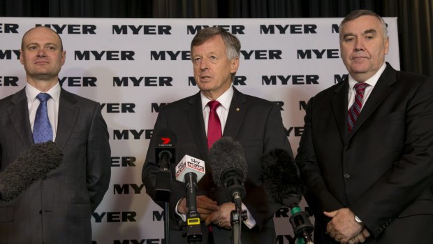 Myer chairman Paul McClintock (centre) doesn't have much time left to restore investor confidence. 