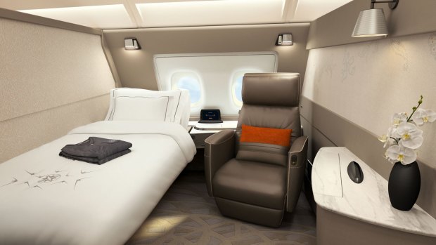A Singapore Airlines first-class suite on board an Airbus A380 superjumbo.