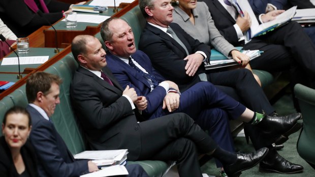 Deputy Prime Minister Barnaby Joyce responds to interjections from the opposition benches during question time on Monday.