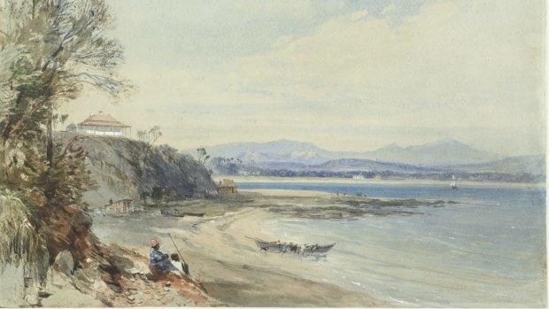 John Skinner Prout's 1843 painting of Broulee Island, featuring the Erin-Go-Bragh Inn.