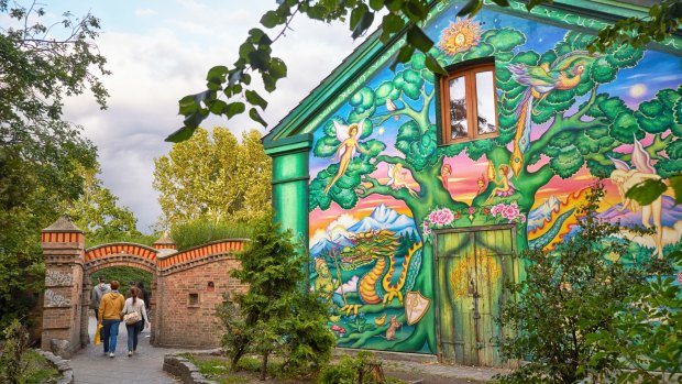 The house painted by author graffiti at the entrance to Christiania in Copengagen, Denmark.