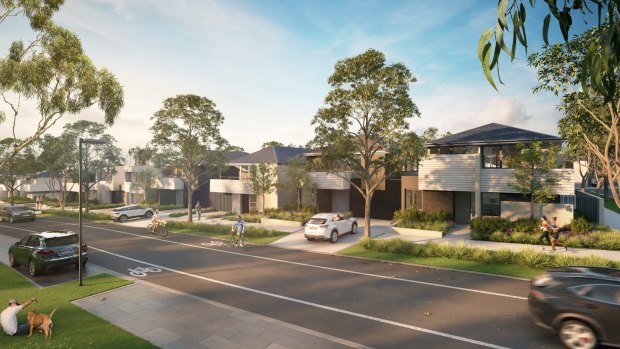 An artist's impression shows homes in the YarraBend development that will have Tesla batteries as part of a 'sustainable' approach.