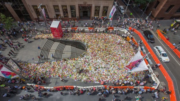 From above: flowers fill Martin Place on Thursday. 