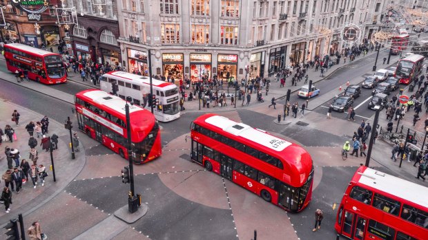 London red buses at Oxford Circus, London. 
