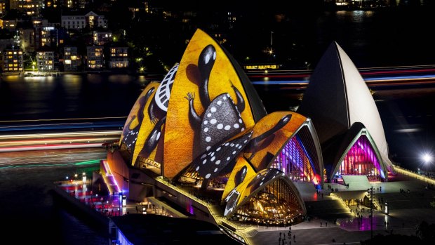 Vivid Sydney 2016: In Songlines forms are morphed from abstracted sacred designs to floating fish and crawling goannas. 