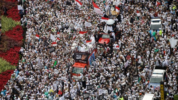 Thousands of people attend a protest against Jakarta governor Basuki Tjahaja Purnama, widely known as Ahok, in December.