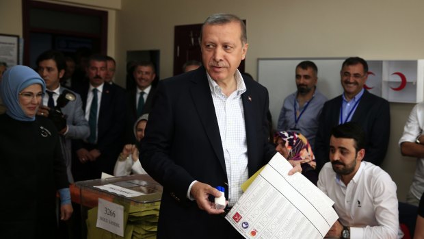 Recep Tayyip Erdogan at a polling station in Istanbul on Sunday.