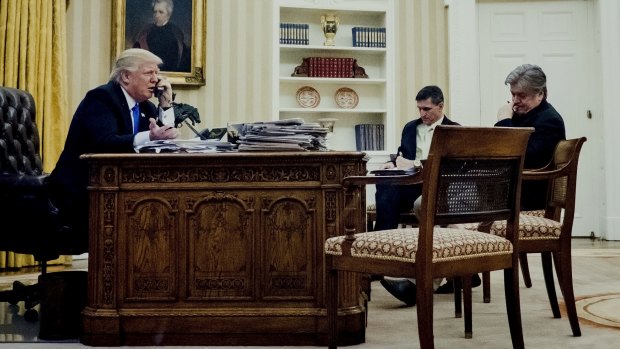 Donald Trump with then-national security adviser Michael Flynn and chief strategist Steve Bannon during a phone call with Australian Prime Minister Malcolm Turnbull in January.