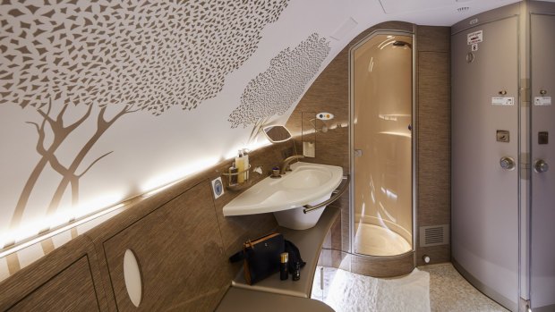Emirates used the size of the A380 to create the world's first bathroom with a shower on board for first-class passengers.