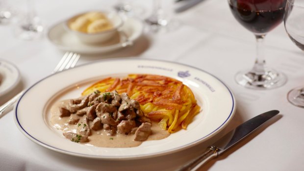 Tender veal and mushrooms with roesti at Zurcher Geschnetzeltes. 