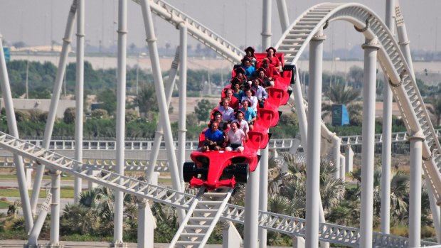 On the fastest rollercoaster in the world at Ferrari World on Yas Island, Abu Dhabi.