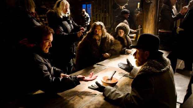 Quentin Tarantino directs a scene of his western <i>The Hateful 8</i>, starring Channing Tatum, Kurt Russell, Samuel L Jackson and Jennifer Jason Leigh.