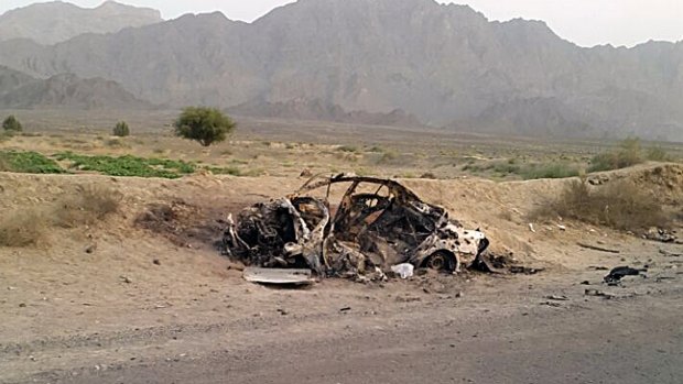 The destroyed vehicle in which Mullah Mohammad Akhtar Mansour is believed to have been travelling before the drone strike. 