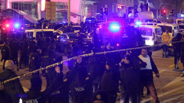 Turkish police outside the art gallery where Andrei Karlov was shot and killed.