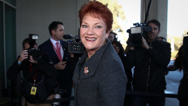 Senator Pauline Hanson arrives at Parliament House in Canberra on Tuesday for 'Senate school'.