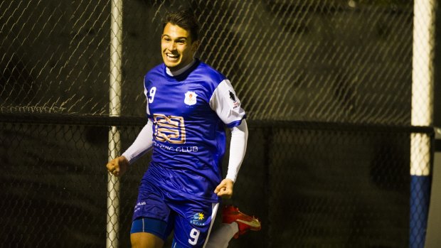Canberra Olympic's Philipe Bernabo Madrid after his first half  goal in their FFA Cup match against Surfers Paradise Apollo. 