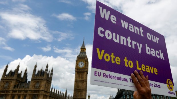 A demonstrator for the "Leave" campaign holds a placard outside Houses of Parliament in London.