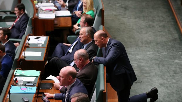 Immigration Minister Peter Dutton speaks with the backbench during question time on Tuesday.