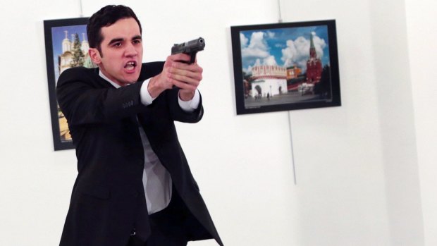 Turkish police officer Mevlut Mert Altintas shoots and kills Andrei Karlov Russian Ambassador to Turkey.