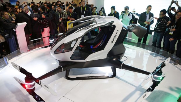 The EHang 184 autonomous aerial vehicle is unveiled at CES International in Las Vegas. The drone can carry a human passenger at about 300 metres altitude for 23 minutes.