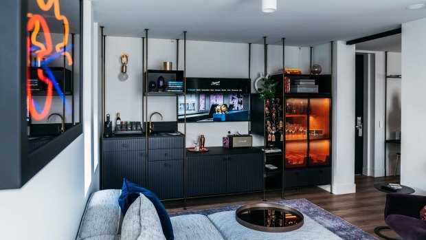 Living area in the a neon suite at Zagame's House.