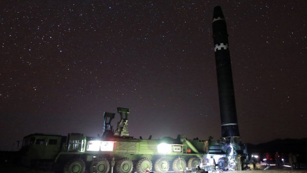 The North Korean Hwasong-15 intercontinental ballistic missile ready for launch in North Korea. 