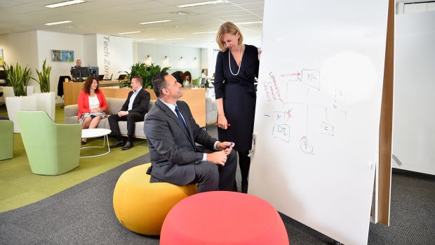 KPMG national partner Susan Ferrier and chairman of Partners Con Tragakis with staff in KPMG's new "agile" workspace.