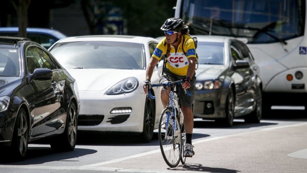 Braving the traffic in Lonsdale Street in Melbourne's CBD. 