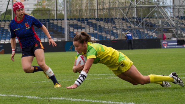 Rio favourites: Chloe Dalton crosses for the Australian women's sevens team in Clermont-Ferrand, France in May.