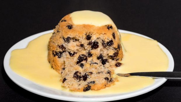 Traditional British pudding of Spotted Dick and custard. 
