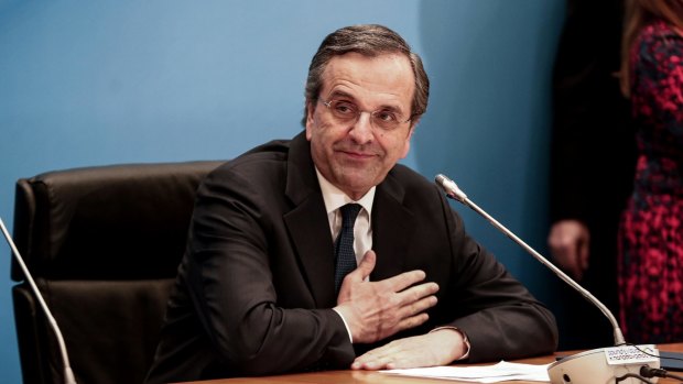 Greek Prime Minister Antonis Samaras concedes defeat at Zappeion Hall in Athens.
