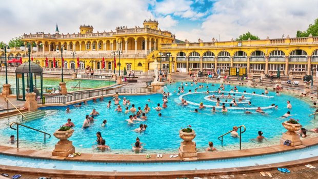 Courtyard of Szechenyi Baths, Hungarian thermal bath complex and spa treatments.
