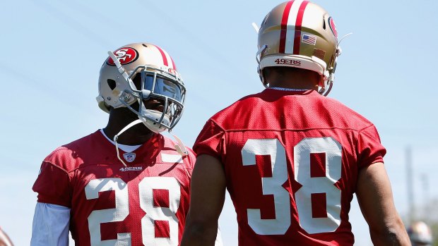 Teammates: Jarryd Hayne (No.38) has a great support in 49ers roommate Carlos Hyde (No.28).