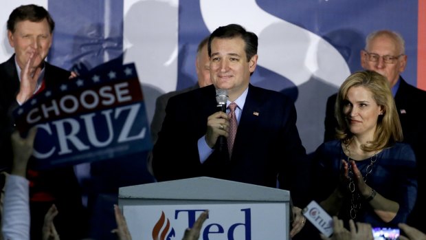 Republican presidential candidate Senator Ted Cruz speaks at a caucus night rally in Des Moines, Iowa.
