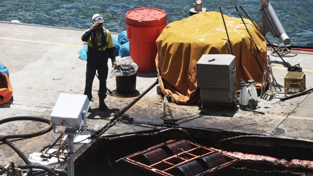 Workers on the oil spill clean-up at Viva Energy's Gore Bay site.
