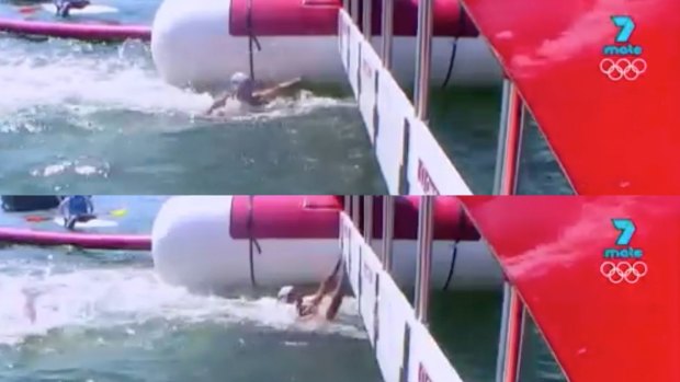 Finishing line drama: in the first shot French Aurelie Muller appears to swim over the top of Italian Rachele Bruni who can't be seen. In the second frame, Bruni has freed herself to touch the wall almost at the same time as Muller.