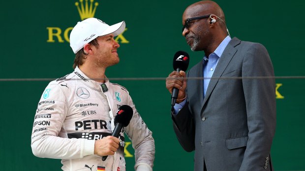 Nico Rosberg is interviewed by former US Olympic athlete Edwin Moses after the Chinese GP on Sunday.