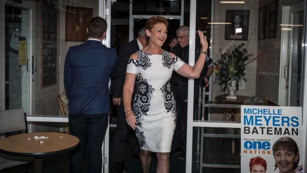 Pauline Hanson during her live crosses at the Melville Bowling Club after the Western Australian state election. 