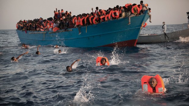 Migrants, mostly from Eritrea, during a rescue operation at the Mediterranean sea, north of Sabratha, Libya last month.