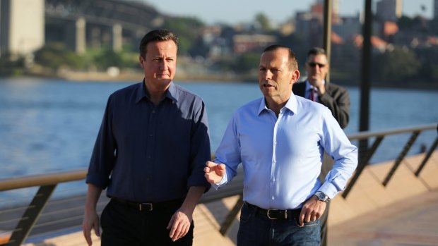 Famous Oxford graduates: British PM David Cameron and Australian PM Tony Abbott compare notes in Sydney.