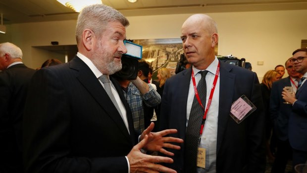 Minister for Communications Mitch Fifield and Fairfax CEO Greg Hywood at a summit with media executives at Parliament House in Canberra in May. 