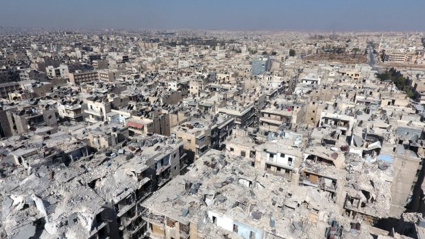 An aerial view of the buildings destroyed by the Assad Regime forces and Russian Army in the Tariq al-Bab neighbourhood of Aleppo last week.