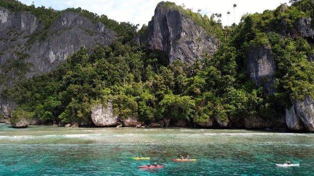 Paddling past high limestone walls on Quoy Island, northern Raja.