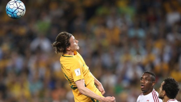 Jackson Irvine in action in the World Cup qualifier against United Arab Emirates.