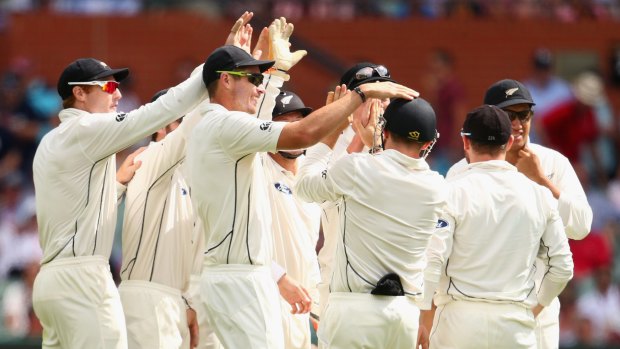 New Zealand players celebrate the wicket of Peter Siddle.