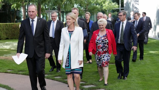 Barnaby Joyce with deputy leader Fiona Nash and National MPs and senators at Parliament House.