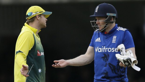 Australia captain Steve Smith and his England counterpart Eoin Morgan argue about the Stokes dismissal.